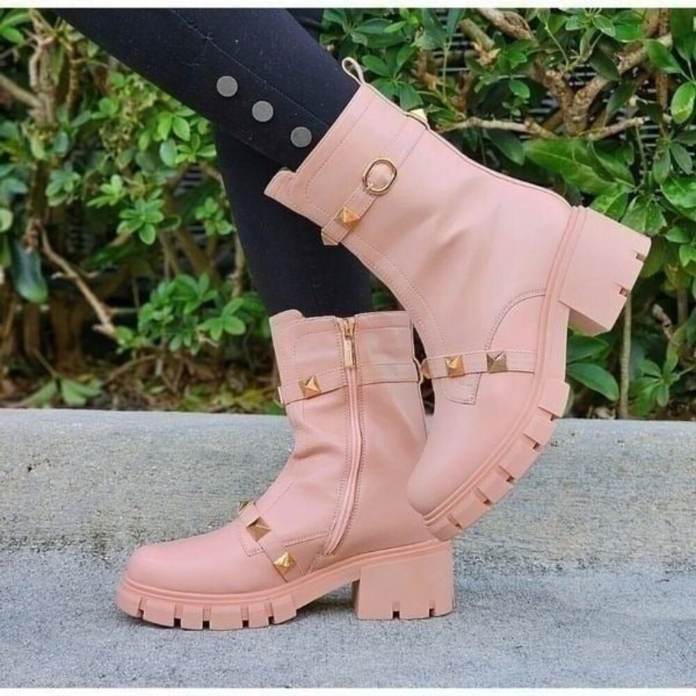 Nude Women's Pyramid Stud Combat Ankle Boots Round Closed Toe